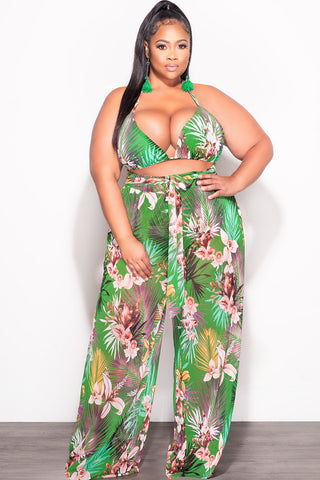 Final Sale Plus Size 3pc Set Mesh Bikini Top, Briefs & Pants in Green Tropical Print