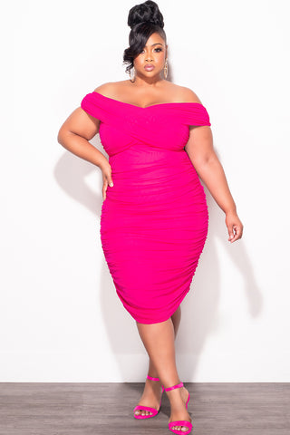 Final Sale Plus Size Sheer Midi Dress with Ruched Sides in Fuchsia