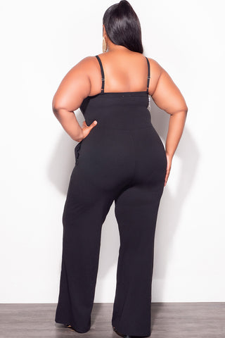Final Sale Plus Size Spaghetti Strap Jumpsuit with Gold Button Detail in Black