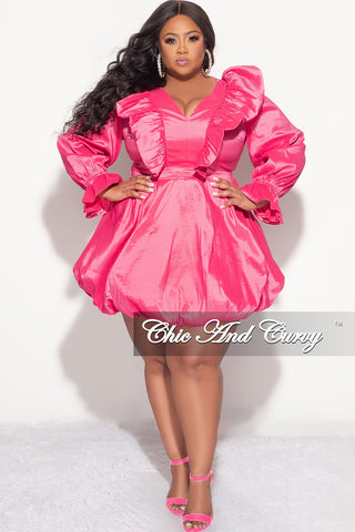 Final Sale Plus Size Long Sleeve Ruffle Trim Babydoll Bubble Dress with Cutout Back in Pink