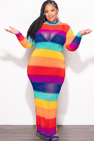 Final Sale Plus Size Sheer Mesh Bodycon Dress in Rainbow Stripes