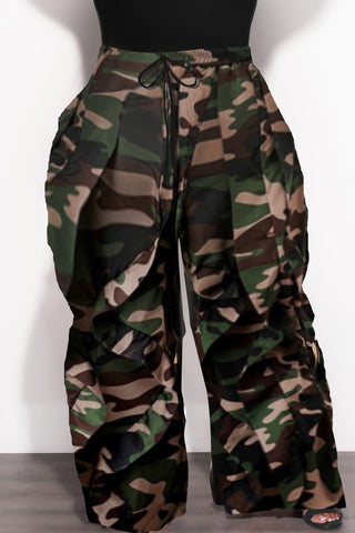 Final Sale Plus Size Wide Leg Drawstring Oversized Windbreaker Wavy Pants in Dark Camouflage Print