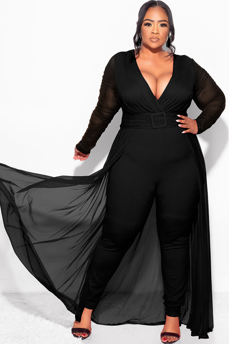 Final Sale  Plus Size Mesh Ruched Sleeve Jumpsuit with Attached Long Skirt in Black