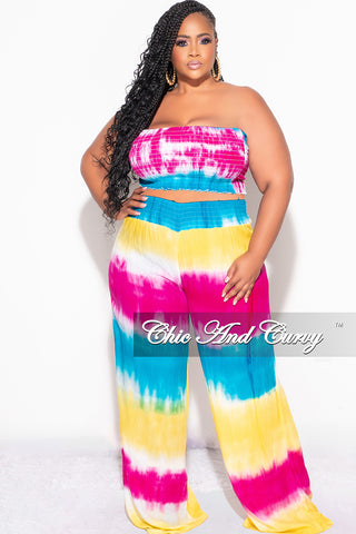 Final Sale Plus Size 2pc Strapless Frill Crop Top and Palazzo Pants Set Multi-Color Tie Dye Print