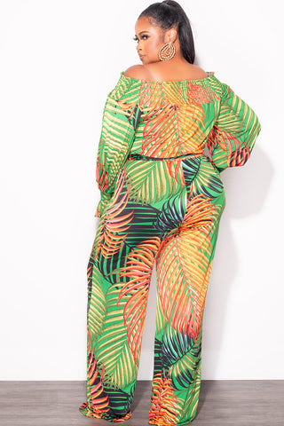Final Sale Plus Size Off The Shoulder Jumpsuit with Waist Tie in Tropical Print