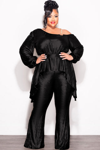 Final Sale Plus Size Cold Shoulder with Gold Chain & Asymmetrical Ruffle Peplum Jumpsuit in Black