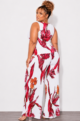 Final Sale Plus Size 2pc Sleeveless Wide Leg Pant Set in Red & White Print