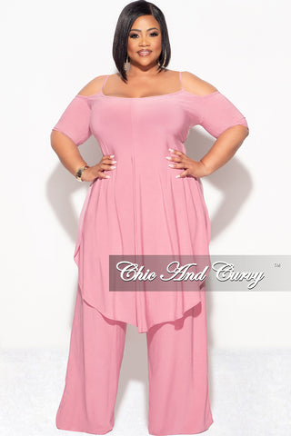 Final Sale Plus Size 2pc Cold Shoulder High low Top and Wide Leg Pants in Pink