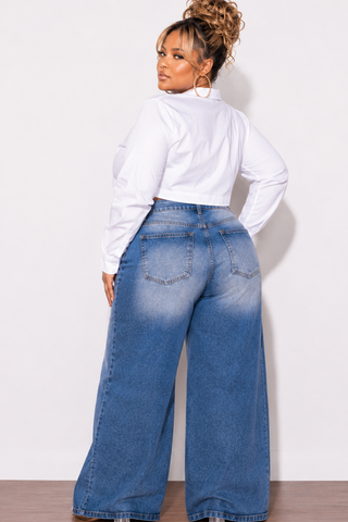 Final Sale Plus Size Cropped Button Down Collar Button Blouse Poplin in White