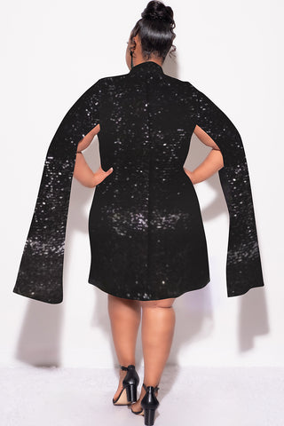 Final Sale Plus Size Sequin Cape Sleeve Dress in Black