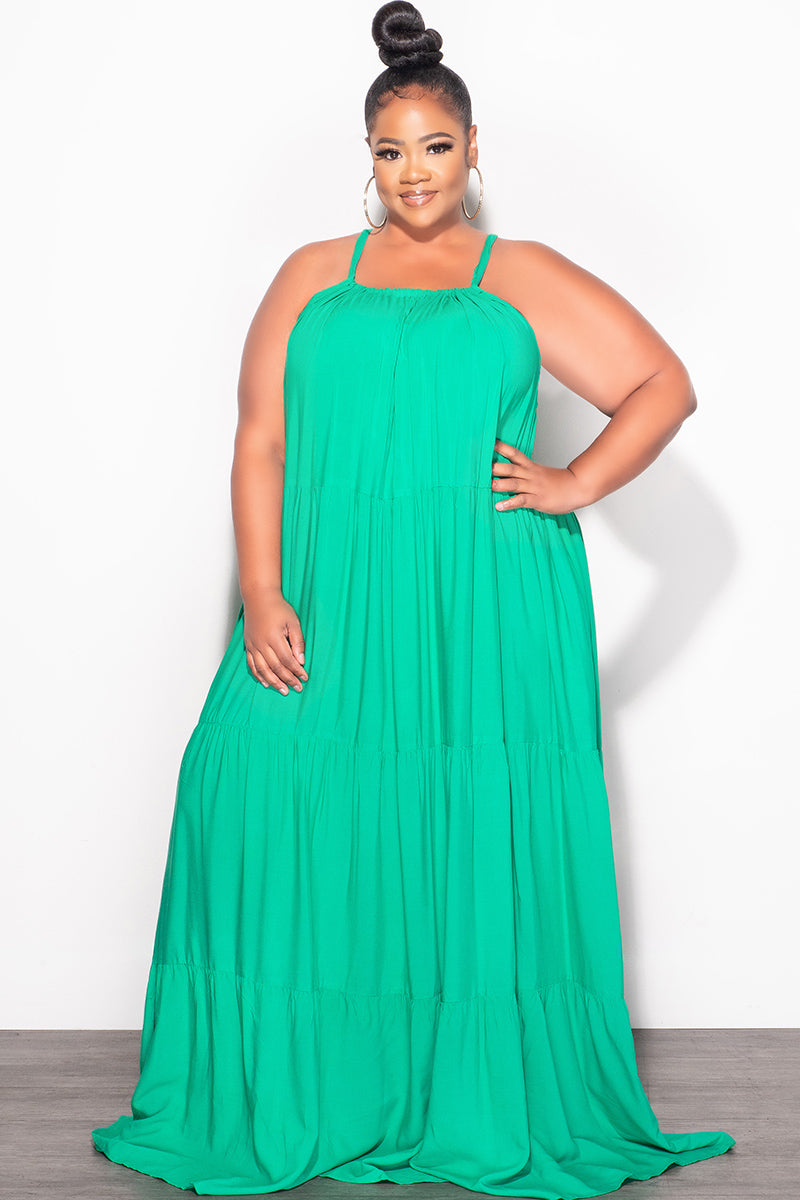 Final Sale Plus Size Long Halter Dress with Back Tie in Green