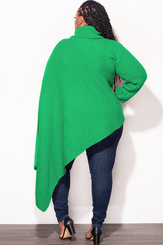 Final Sale Plus Size One Shoulder Turtleneck Poncho in Kelly Green