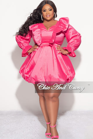 Final Sale Plus Size Long Sleeve Ruffle Trim Babydoll Bubble Dress with Cutout Back in Pink