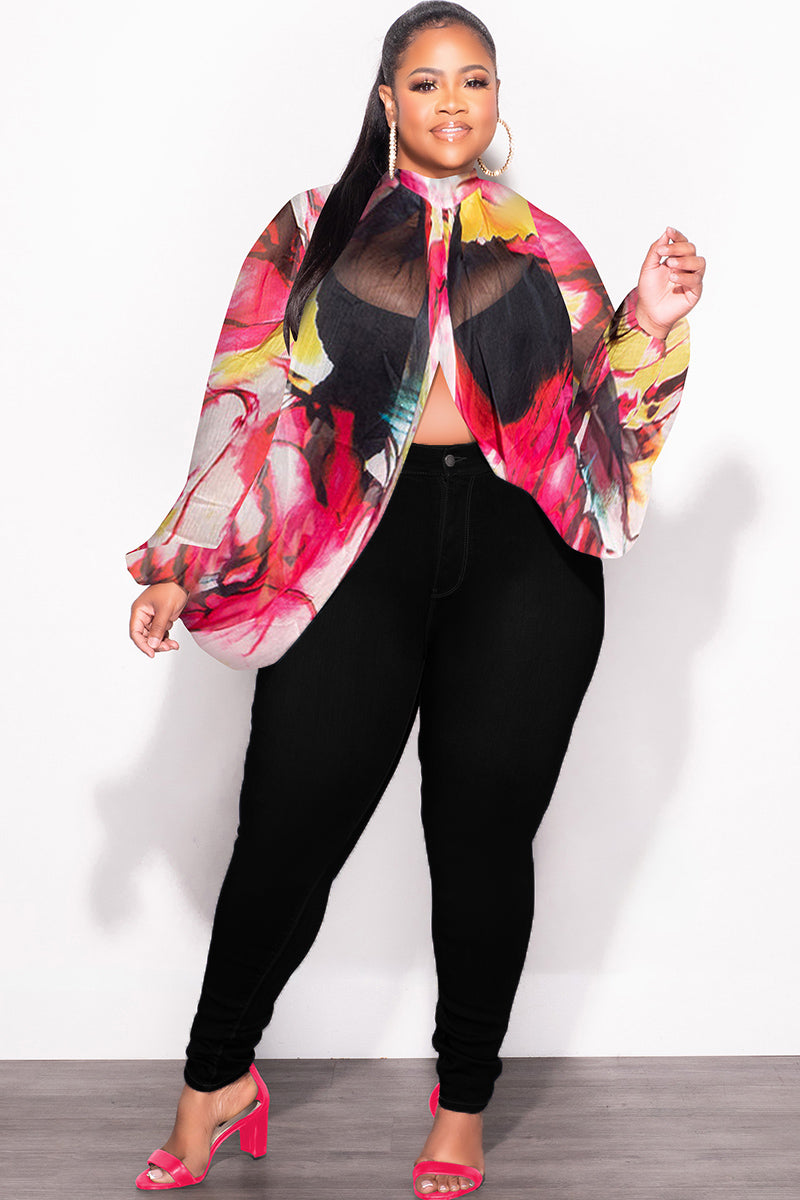 Final Sale Plus Size Sheer Balloon Sleeve Crop Top in Fuchsia and Black Multi Color