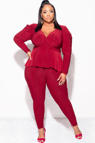 Final Sale Plus Size Faux Wrap Peplum Top and Pants Set in Burgundy