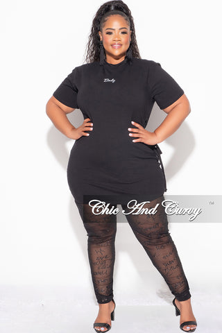 Final Sale Plus Size 2pc Top with Side Cutout and Mesh Glitter Leggings Set in Black