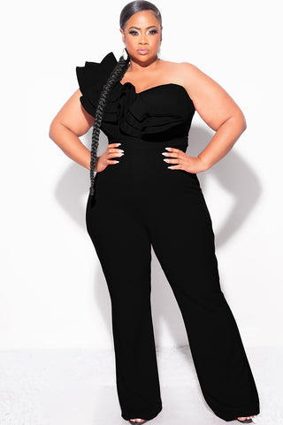 Final Sale Plus Size One Shoulder Ruffle Trim Jumpsuit in Black