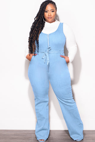 Final Sale Plus Size Sleeveless Zip-Up Jumpsuit with Attached Tie in Light Denim