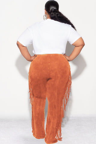 Final Sale Plus Size High Waist Fringe Trim Pants in Rust Acid Wash Print Jersey