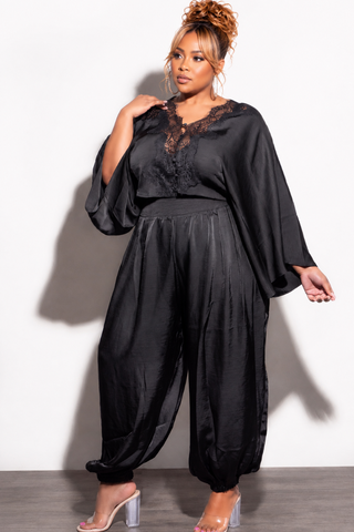 Final Sale Plus Size 2pc Satin Balloon Pant Set in Black