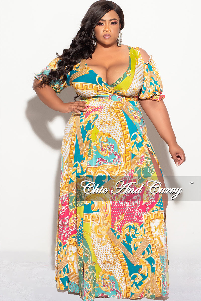 Final Sale Plus Size 2pc Faux Wrap Crop Tie Top and Double Slit Skirt Set in Multi Color & Gold Design Print