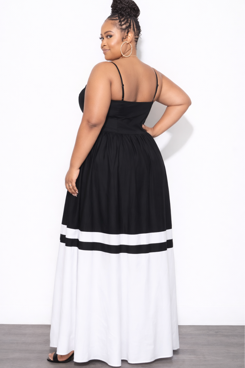 black dress with belt Final Sale Plus Size Poplin Color Block Maxi Dress Black and White
