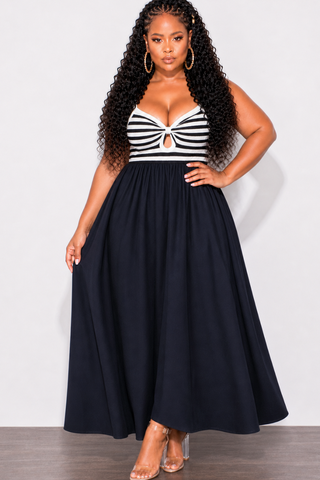 Final Sale Plus Size Maxi Dress With Sweater Knit Top with Cut-Out In Navy and White