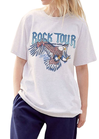 Final Sale Plus Size "Rock Tour'" Graphic Top in White and Blue
