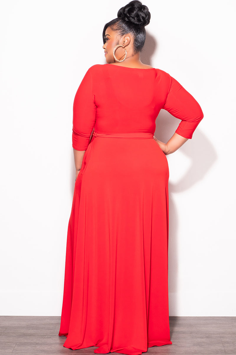 3 4 sleeve maxi dress Final Plus Size Long Dress with 3/4 Sleeve and Tie in Red