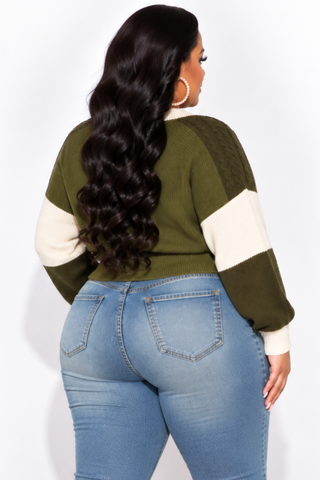 Final Sale Plus Size Cropped Color Block Sweater in Olive