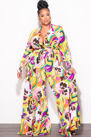 Final Sale Size 2pc Chiffon Crop Tie Top and Frill Pants Set in Multi Color Print