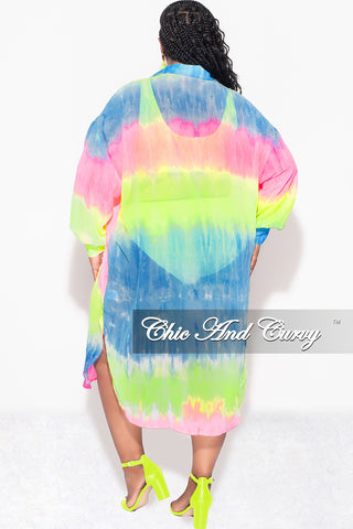 Final Sale Plus Size Sheer Button Up Collar Tunic Dress in Multi Color Print