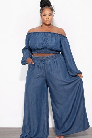 Final Sale Plus Size 2pc Set Off The Shoulder Top & Palazzo Pants in Wash Denim