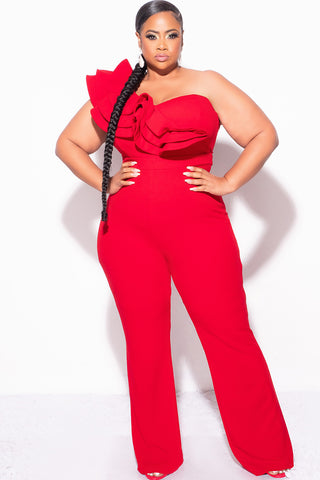 Final Sale Plus Size One Shoulder Ruffle Trim Jumpsuit in Red