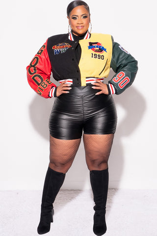 Final Sale Plus Size Cropped Varsity Jacket with Patches in Black, Red and Yellow