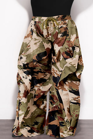 Final Sale Plus Size Wide Leg Drawstring Oversized Windbreaker Wavy Pants in Camo Olive/Black Multi Color Print