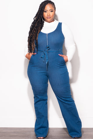 Final Sale Plus Size Sleeveless Zip-Up Jumpsuit with Attached Tie in Dark Denim