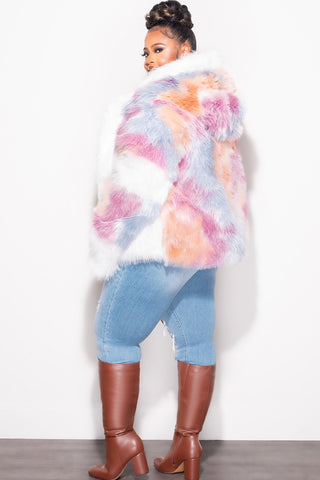 Final Sale Plus Size Faux Fur Hooded Jacket in White Multi-Color Print