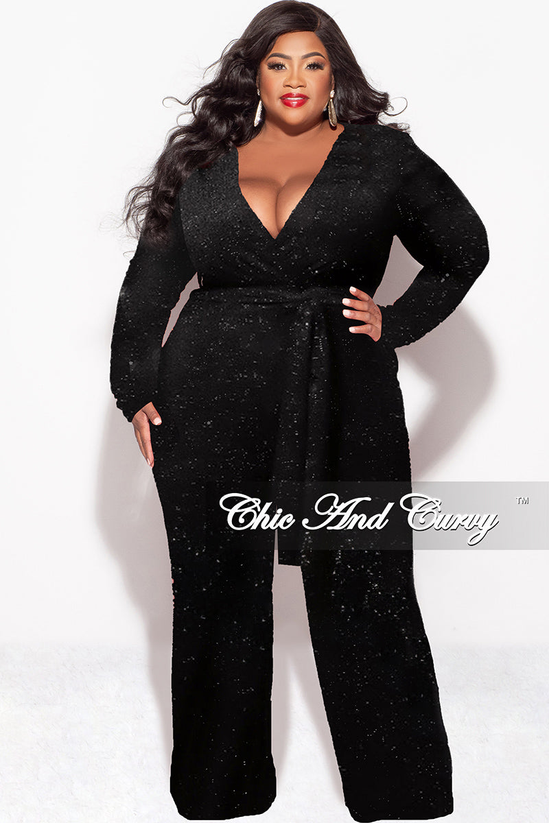 Final Sale Plus Size Long Sleeve Faux Wrap Jumpsuit with Attached Tie in Black Glitter Fabric