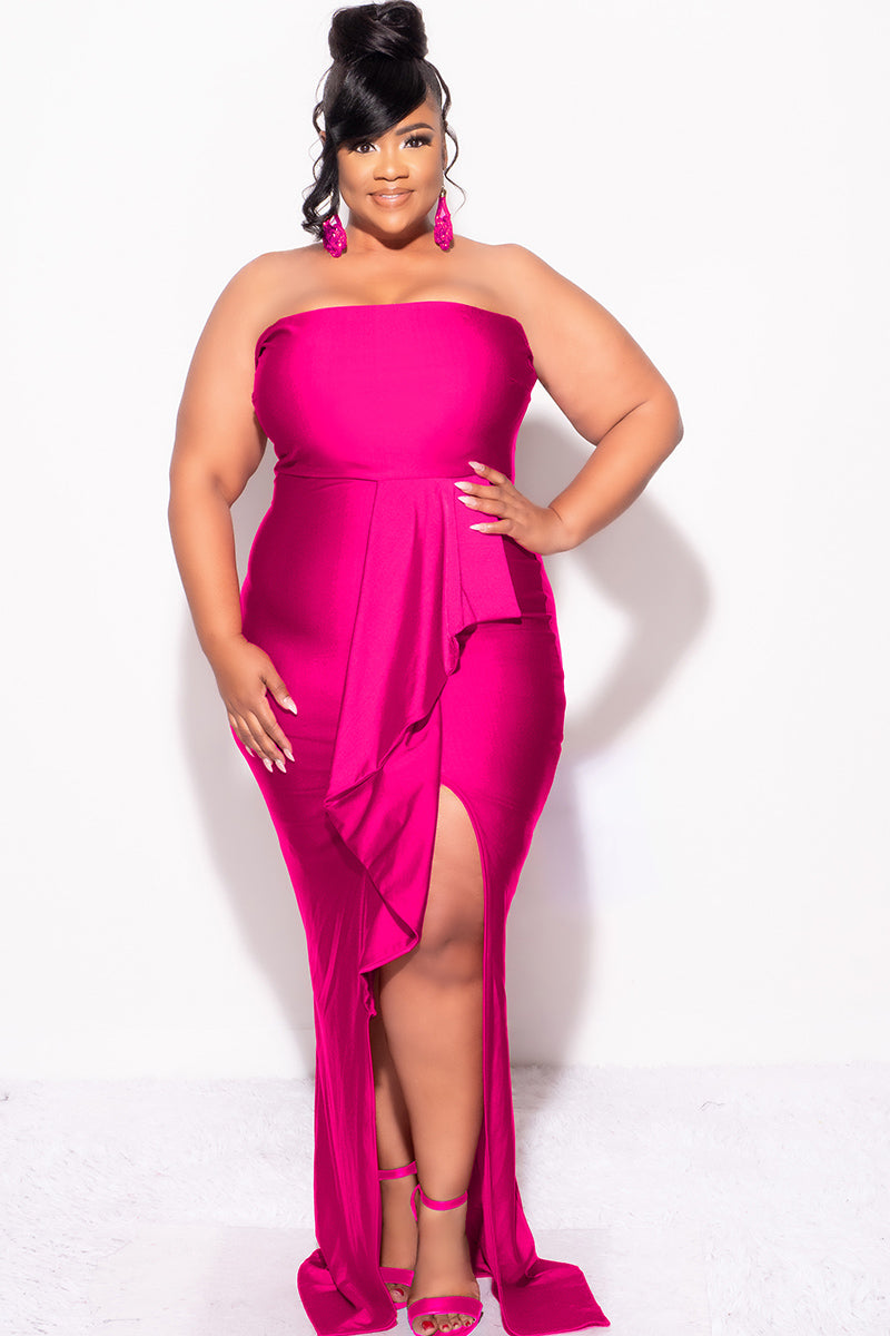 Final Sale Plus Size Strapless Ruffle Dress with Slit in Fuchsia