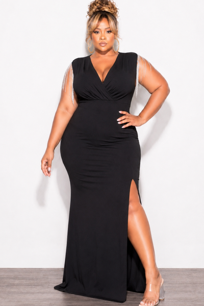 Final Sale Plus Size Faux Wrap Rhinestone Fringe Sleeve Maxi Dress in Black