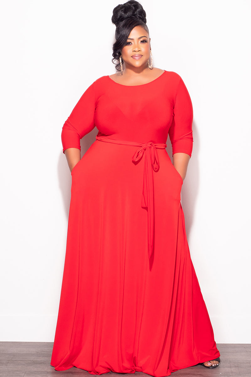 plus size long dress Final Plus Size Long Dress with 3/4 Sleeve and Tie in Red