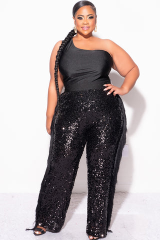 Final Sale Plus Size 2pc One Shoulder ToP and Sequin Fringe Pants in Black