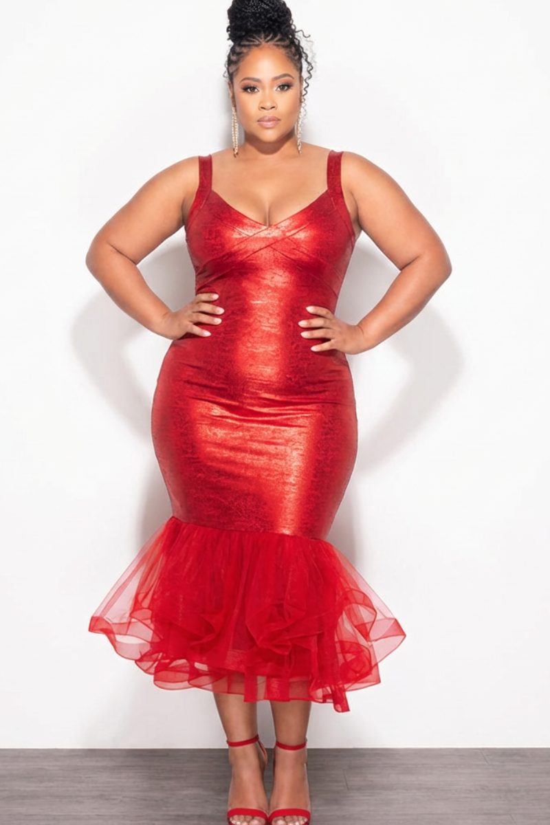 Final Sale Plus Size Bandage Mermaid Tulle Midi Dress in Red
