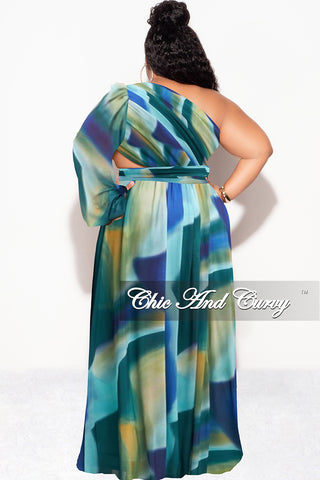 Final Sale Plus Size One Shoulder Sheer Dress with Cutout and Front Slit in Blue Multi Color