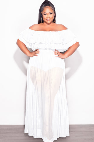 Final Sale Plus Size Off the Shoulder Mesh Ruffle Bodysuit Dress with Double Slits in White