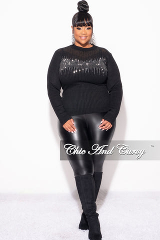 Final Sale Plus Size Ribbed Rhinestone Sweater Top in Black