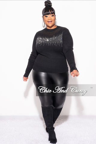 Final Sale Plus Size Ribbed Rhinestone Sweater Top in Black