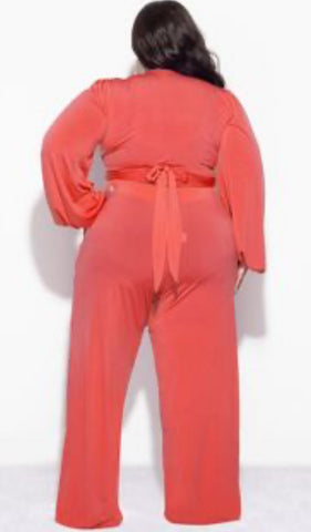 Final Sale Plus Size 2pc Tie Top & Pants in Orange Rust