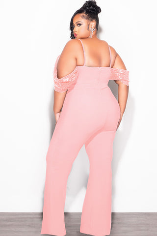 Final Sale Plus Size Off The Shoulder Faux Wrap Sequin Jumpsuit Mauve Pink
